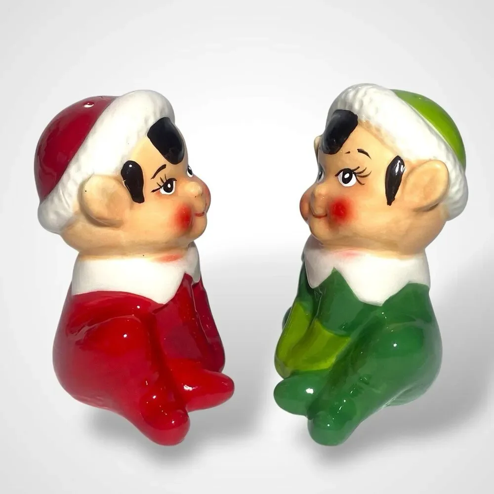 Vintage Christmas Elf Salt and Pepper Shakers Red Green Ceramic Figurines Decor